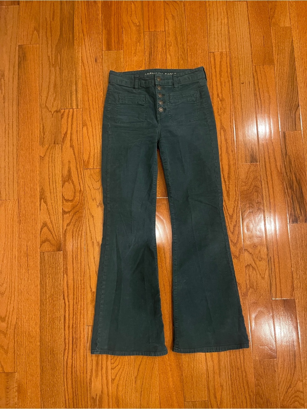 American Eagle Super High Rise Green Corduroy Flare Jeans Pants Size 4 Regular